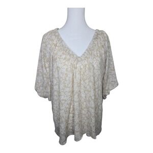 Loft Floral V-Neck Mixed Media‎ Top Taupe Women's Size XXL Short Sleeve NWT